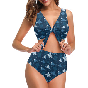 Stingray Pattern Print Design 04 Chest Bowknot High Waisted Bikini Swimsuit