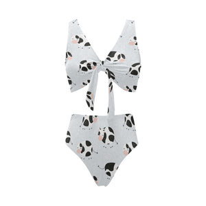 Cute cows pattern Chest Bowknot High Waisted Bikini Swimsuit