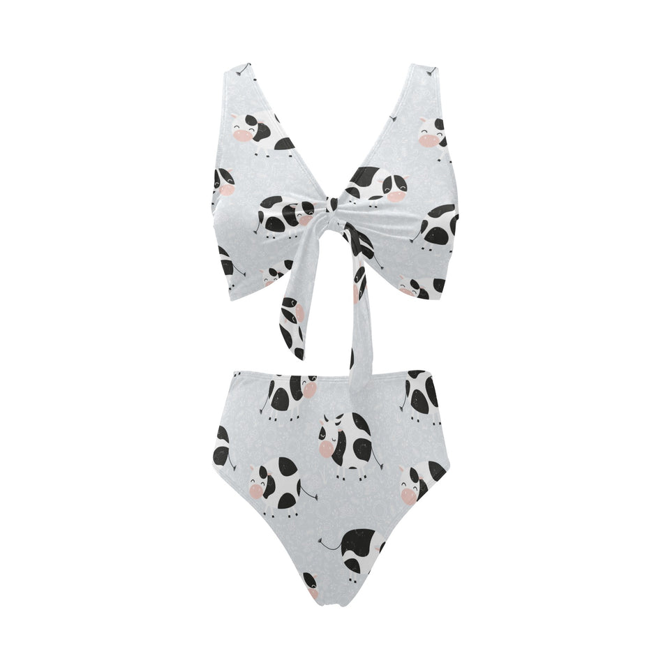 Cute cows pattern Chest Bowknot High Waisted Bikini Swimsuit