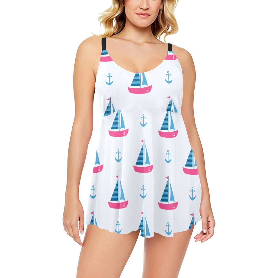 Sailboat anchor pattern Chest Sexy Pleated Two Piece Swim Dress