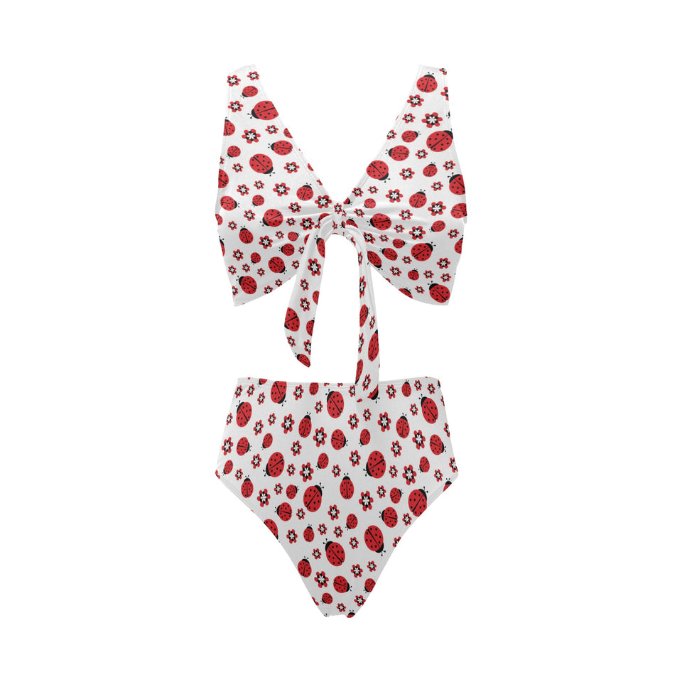 Ladybug Pattern Print Design 04 Chest Bowknot High Waisted Bikini Swimsuit