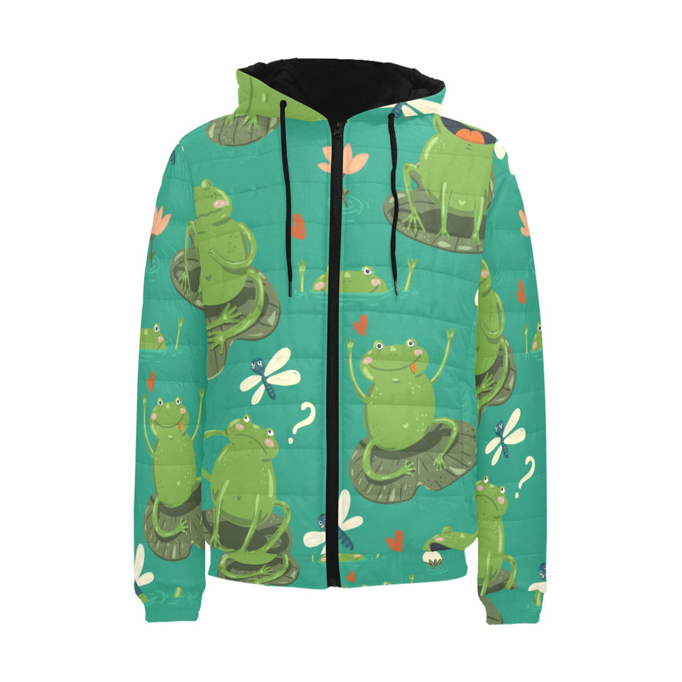 Cute frog dragonfly design pattern Men's Padded Hooded Jacket