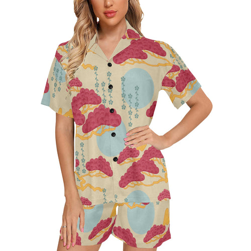 Red Bonsai gray sun japanese pattern Women's V-Neck Short Pajama Set
