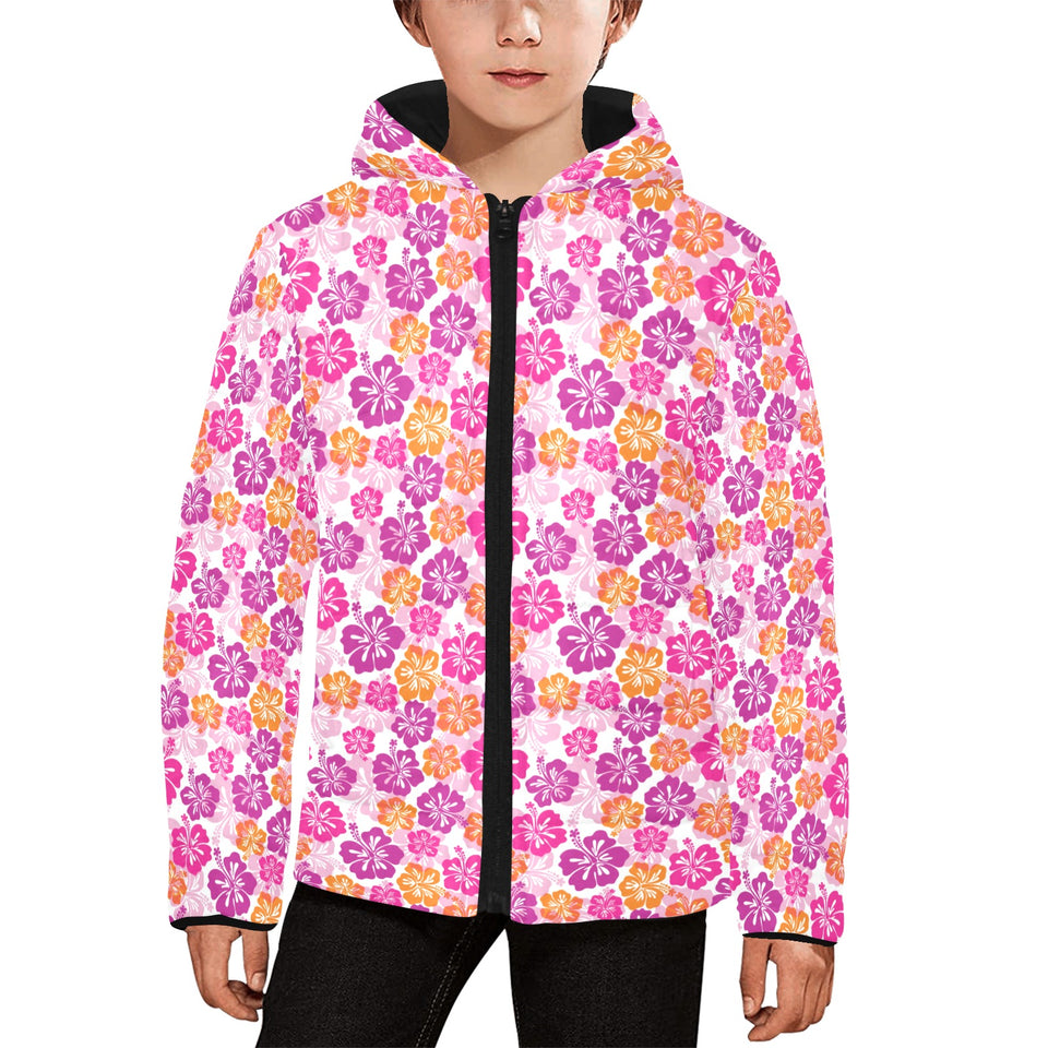 Hibiscus Pattern Print Design 01 Kids' Boys' Girls' Padded Hooded Jacket