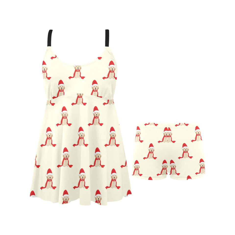 Golden Retriever Pattern Print Design 01 Chest Sexy Pleated Two Piece Swim Dress