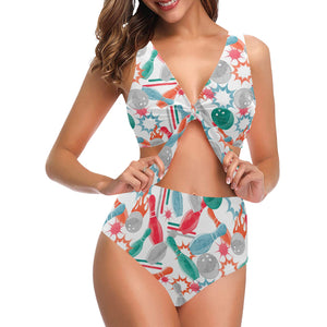 Watercolor bowling pattern Chest Bowknot High Waisted Bikini Swimsuit