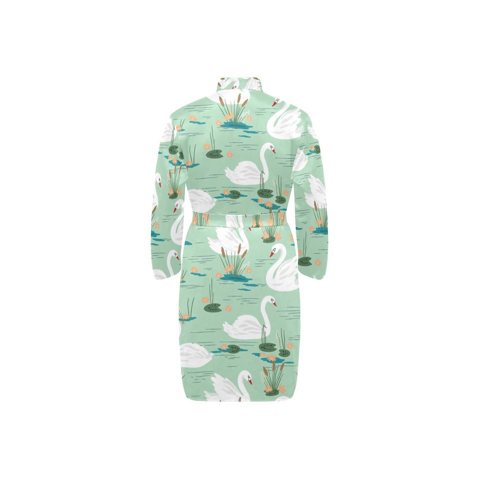 White swan lake pattern Men's Long Sleeve Belted Night Robe