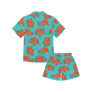 Octopus turquoise background Kids' Boys' Girls' V-Neck Short Pajama Set