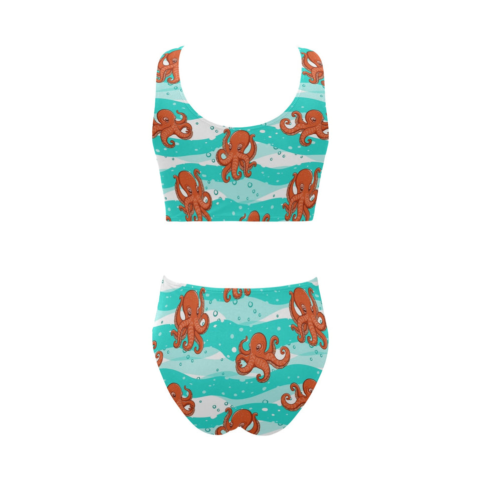 Octopuses sea wave background Chest Bowknot High Waisted Bikini Swimsuit