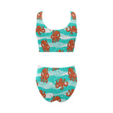 Octopuses sea wave background Chest Bowknot High Waisted Bikini Swimsuit