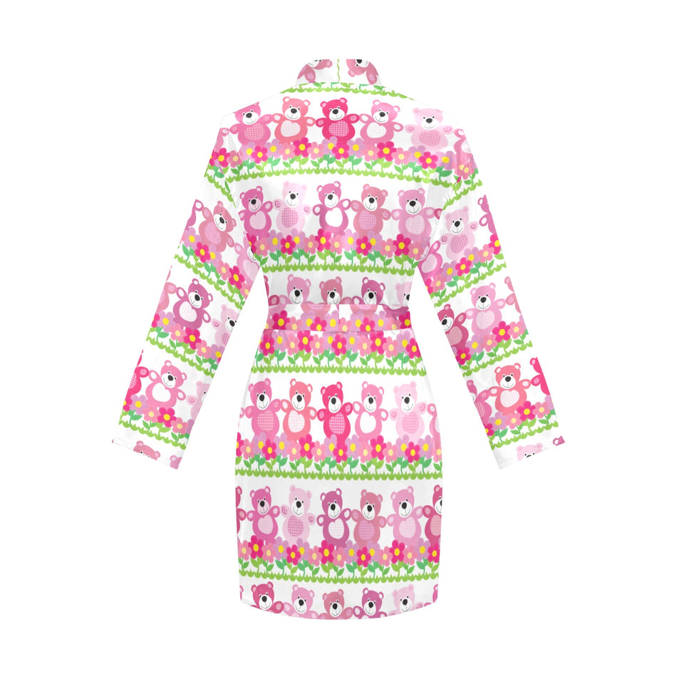 Teddy Bear Pattern Print Design 04 Women's Long Sleeve Belted Night Robe