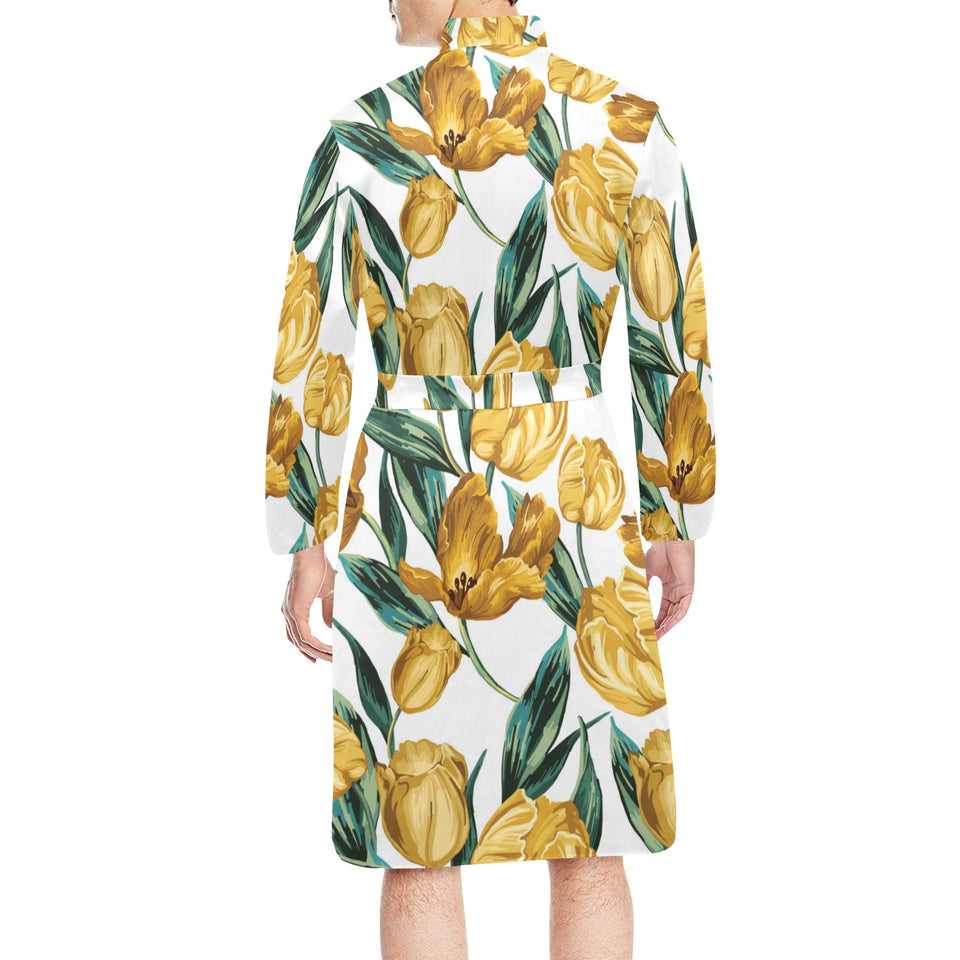 yellow tulips pattern Men's Long Sleeve Belted Night Robe