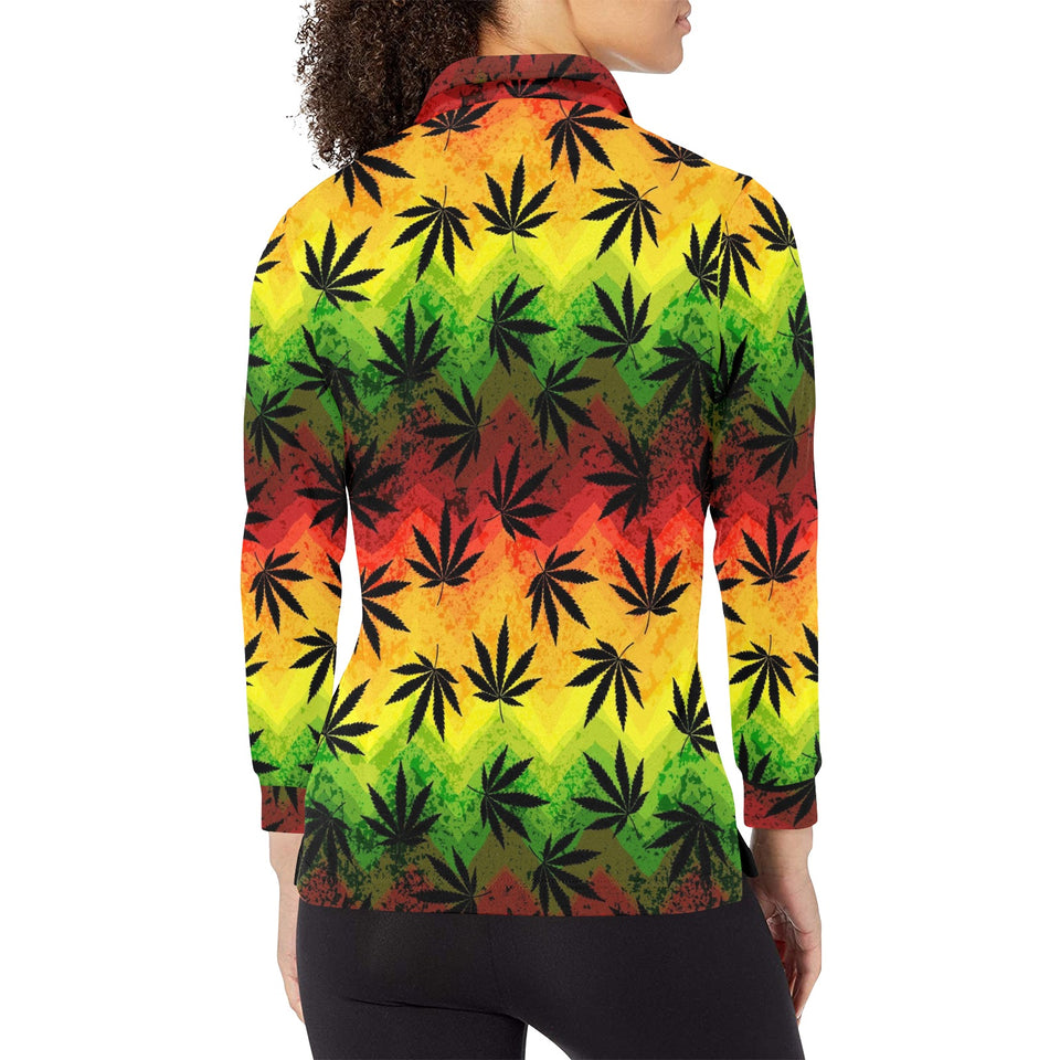 Canabis Marijuana Weed Pattern Print Design 03 Women's Long Sleeve Polo Shirt