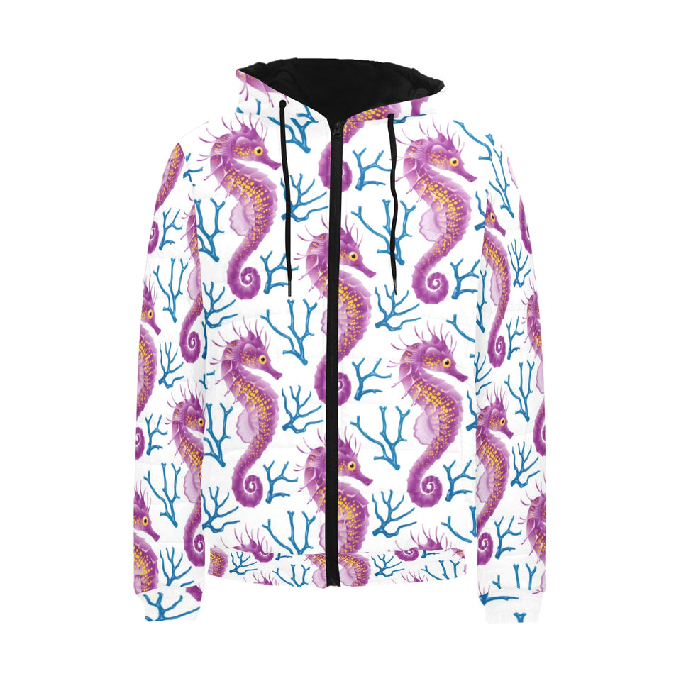 Purple seahorse blue coral pattern Men's Padded Hooded Jacket