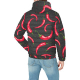 Chili peppers pattern black background Men's Padded Hooded Jacket