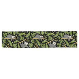 Cute sloths tropical palm leaves black background Table Runner