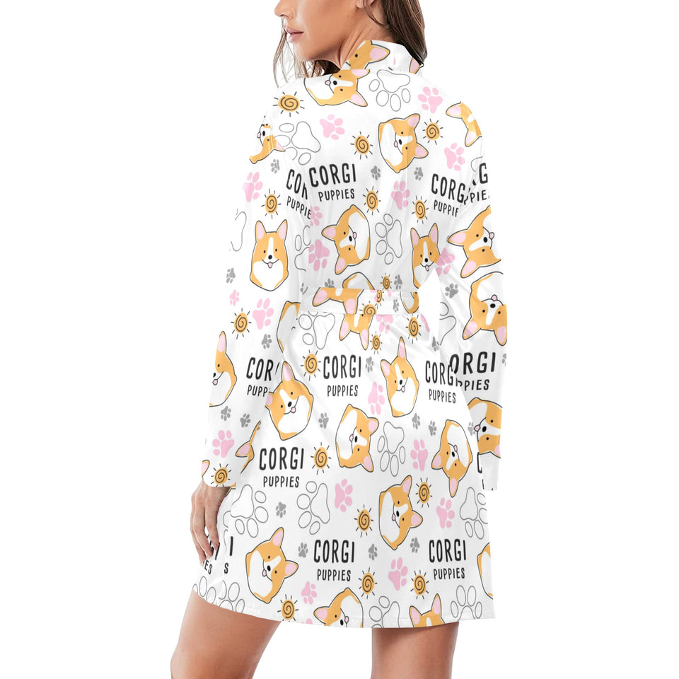 Corgi Dog Pattern Women's Long Sleeve Belted Night Robe