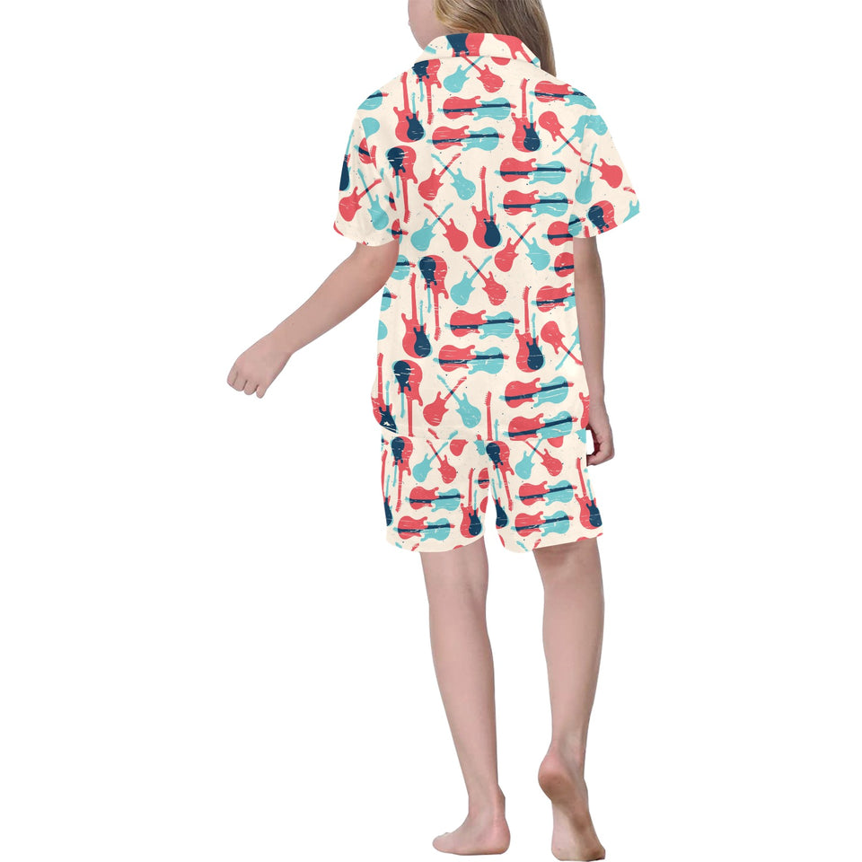 Red Blue guitar pattern Kids' Boys' Girls' V-Neck Short Pajama Set