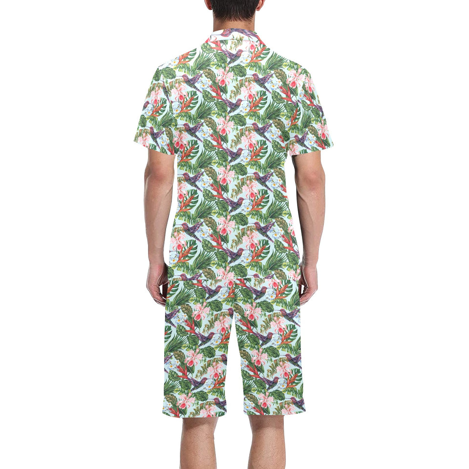 Hummingbird Pattern Print Design 05 Men's V-Neck Short Pajama Set
