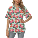 Beautiful flamingo tropical palm leaves hibiscus p Women's All Over Print Hawaiian Shirt