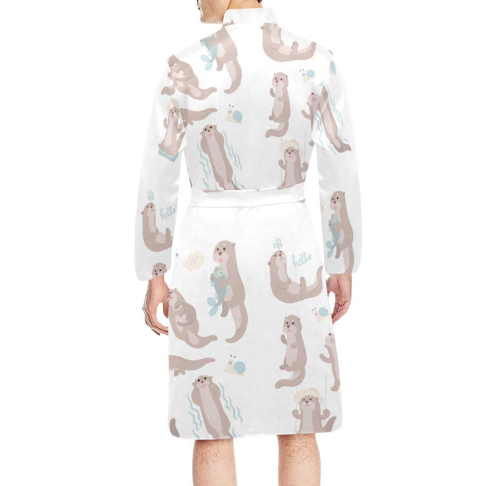 Cute sea otters pattern Men's Long Sleeve Belted Night Robe