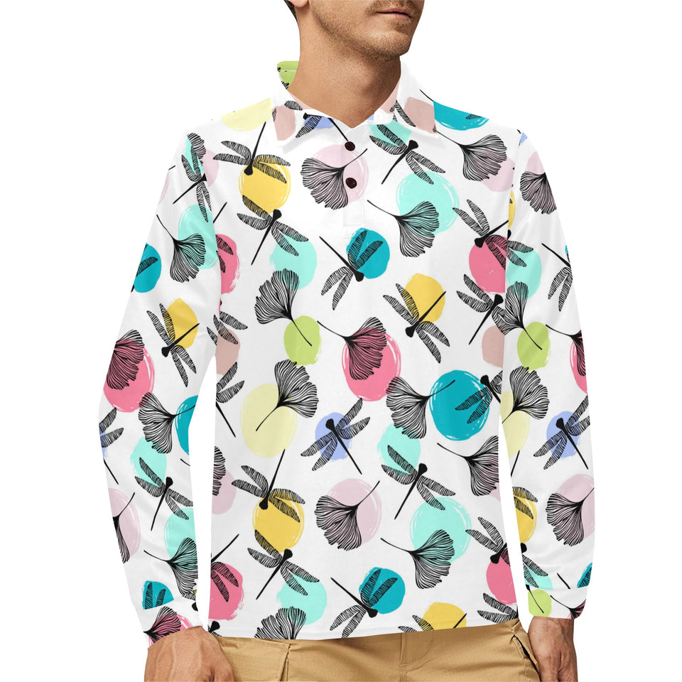 Dragonflies ginkgo leaves pattern Men's Long Sleeve Polo Shirt