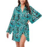 Anchor nautical green background Women's Long Sleeve Belted Night Robe
