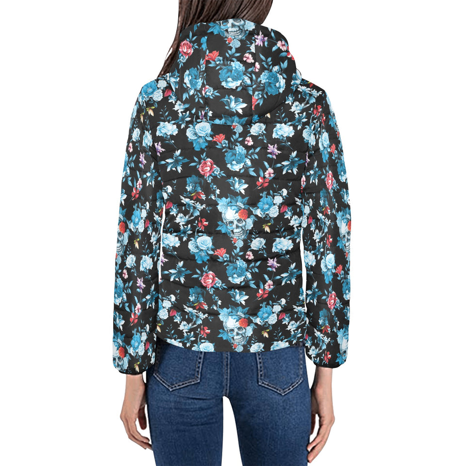 Skull flower roses leave pattern Women's Padded Hooded Jacket