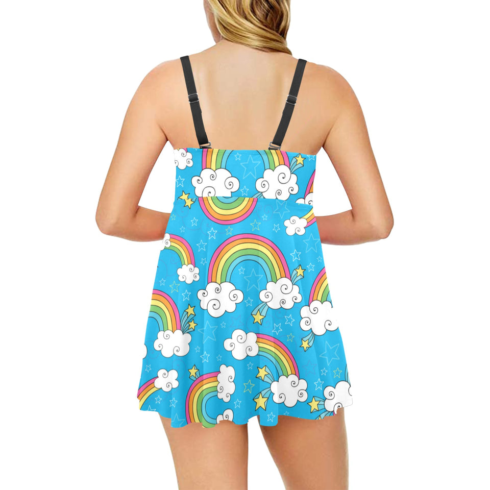 Rainbows Sky Clouds Pattern Chest Sexy Pleated Two Piece Swim Dress