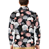 white swan blooming flower pattern Men's Long Sleeve Polo Shirt