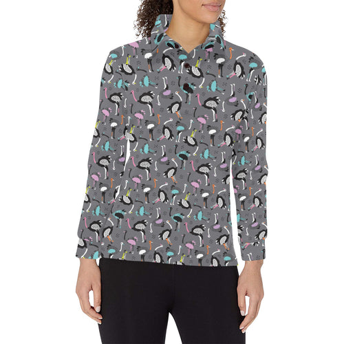 Ostrich Pattern Print Design 01 Women's Long Sleeve Polo Shirt