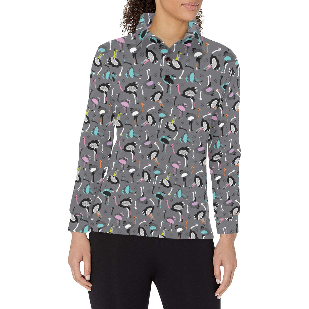 Ostrich Pattern Print Design 01 Women's Long Sleeve Polo Shirt