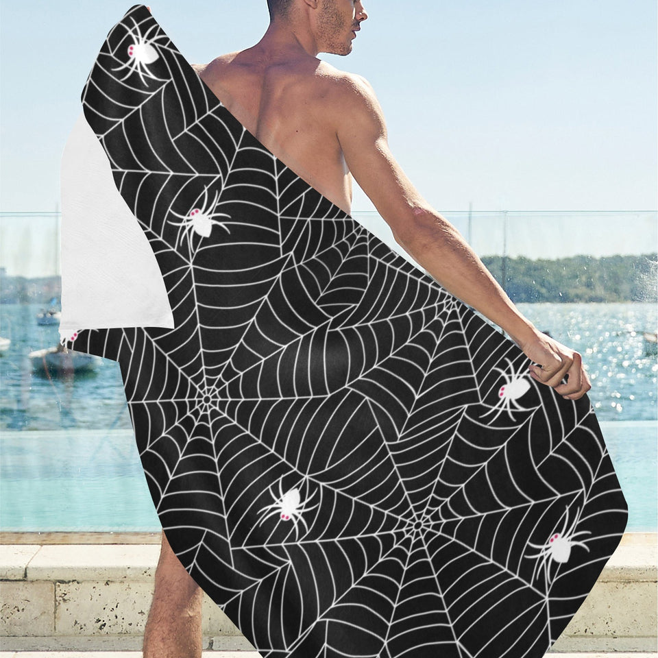 Spider web design pattern Black background white c Beach Towel