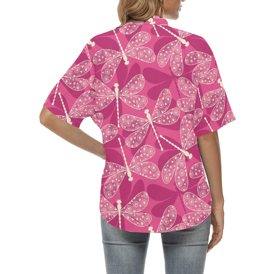 Beautiful dragonfly pink background Women's All Over Print Hawaiian Shirt