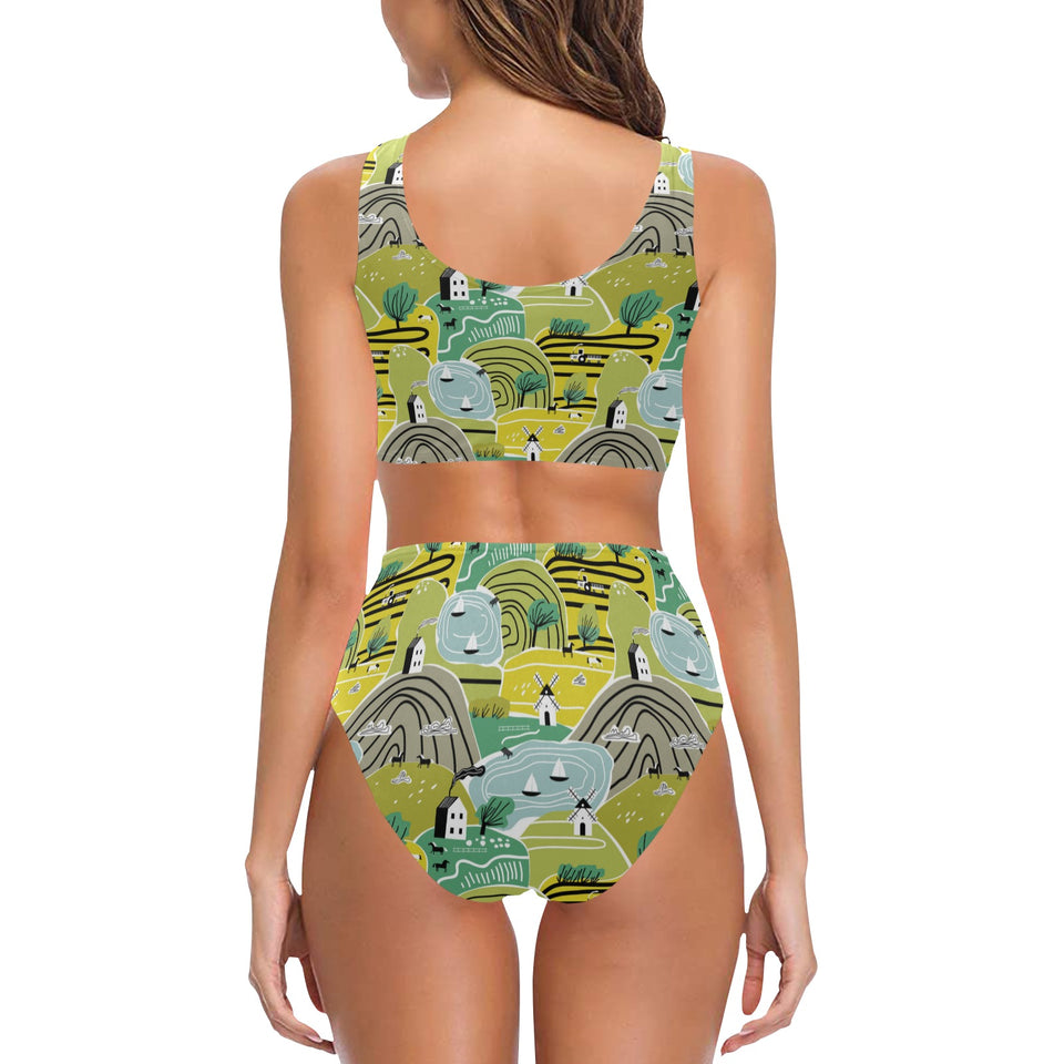 Hand drawn windmill pattern Chest Bowknot High Waisted Bikini Swimsuit