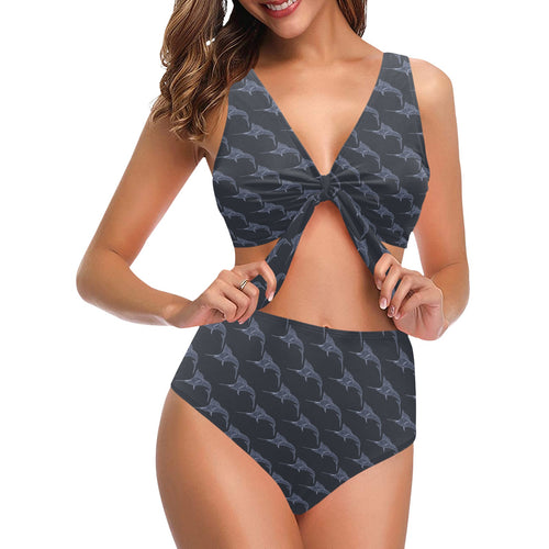Swordfish Pattern Print Design 03 Chest Bowknot High Waisted Bikini Swimsuit