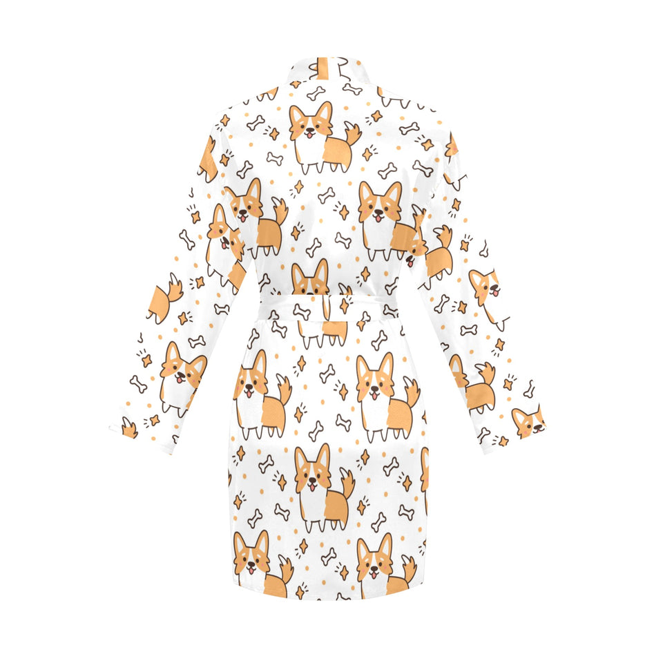Cute corgi heart star bone pattern Women's Long Sleeve Belted Night Robe