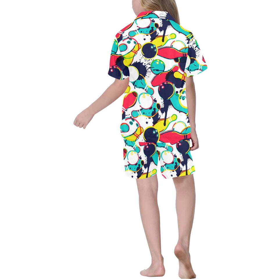 watercolor bowling ball pins Kids' Boys' Girls' V-Neck Short Pajama Set