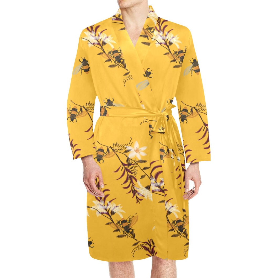 Bee flower pattern Men's Long Sleeve Belted Night Robe
