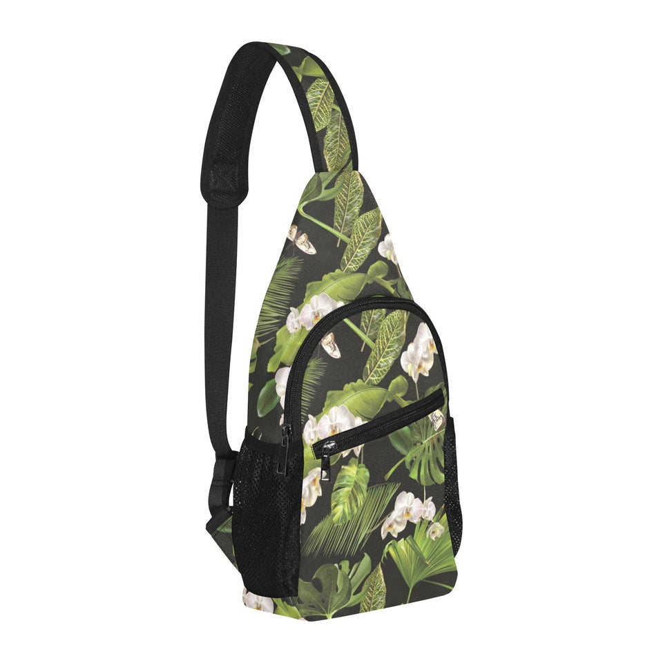 White orchid flower tropical leaves pattern blackg All Over Print Chest Bag