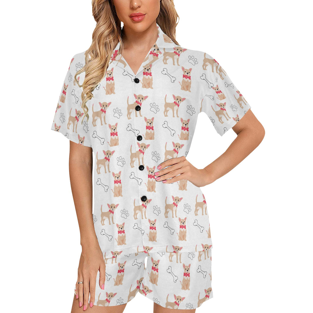 Chihuahua bone paw pattern Women's V-Neck Short Pajama Set