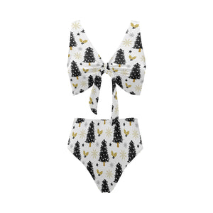 Christmas tree holly snow star pattern Chest Bowknot High Waisted Bikini Swimsuit