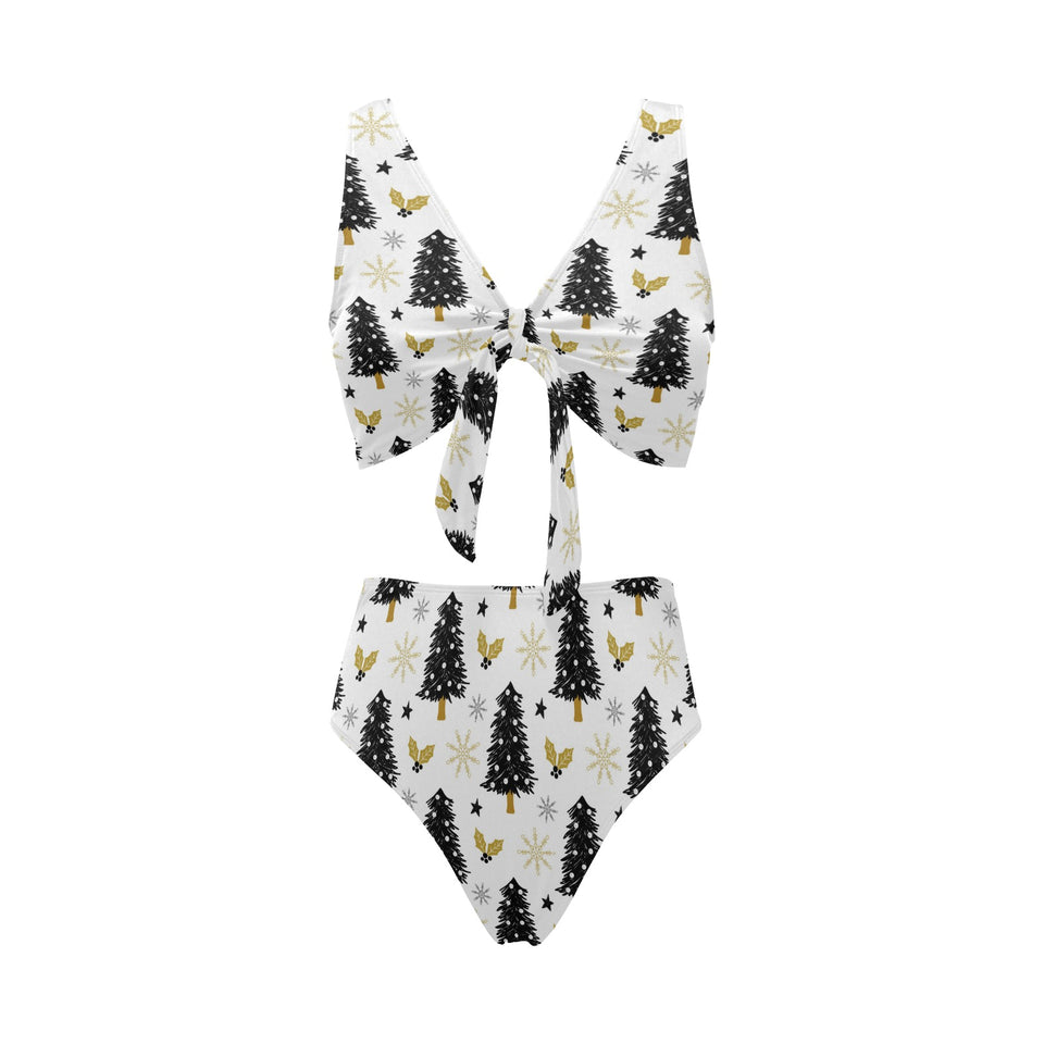 Christmas tree holly snow star pattern Chest Bowknot High Waisted Bikini Swimsuit