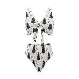 Christmas tree holly snow star pattern Chest Bowknot High Waisted Bikini Swimsuit