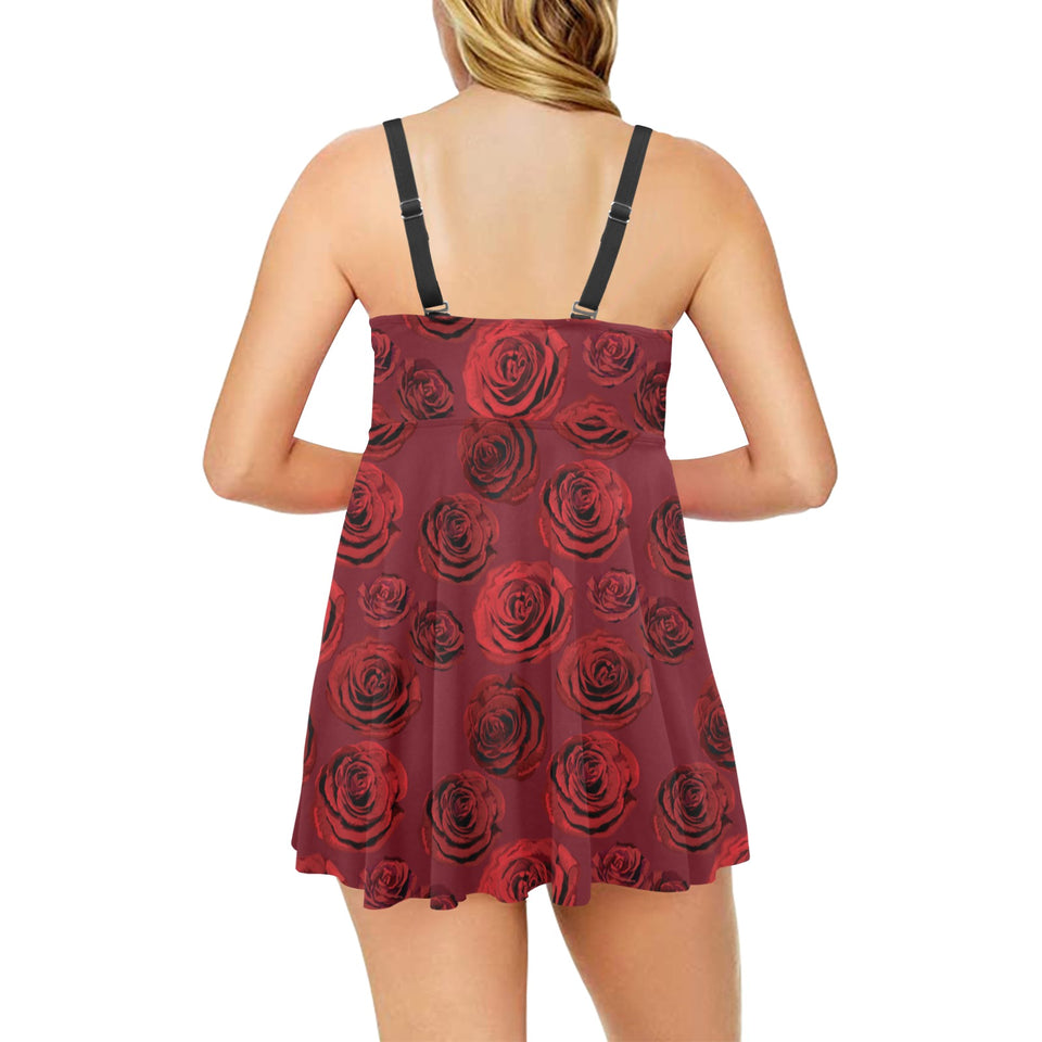 Rose Pattern Print Design 03 Chest Sexy Pleated Two Piece Swim Dress