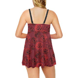 Rose Pattern Print Design 03 Chest Sexy Pleated Two Piece Swim Dress