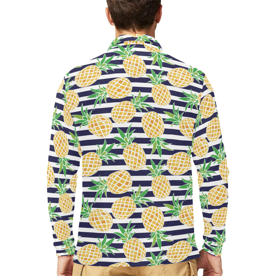 Pineapples pattern striped background Men's Long Sleeve Polo Shirt