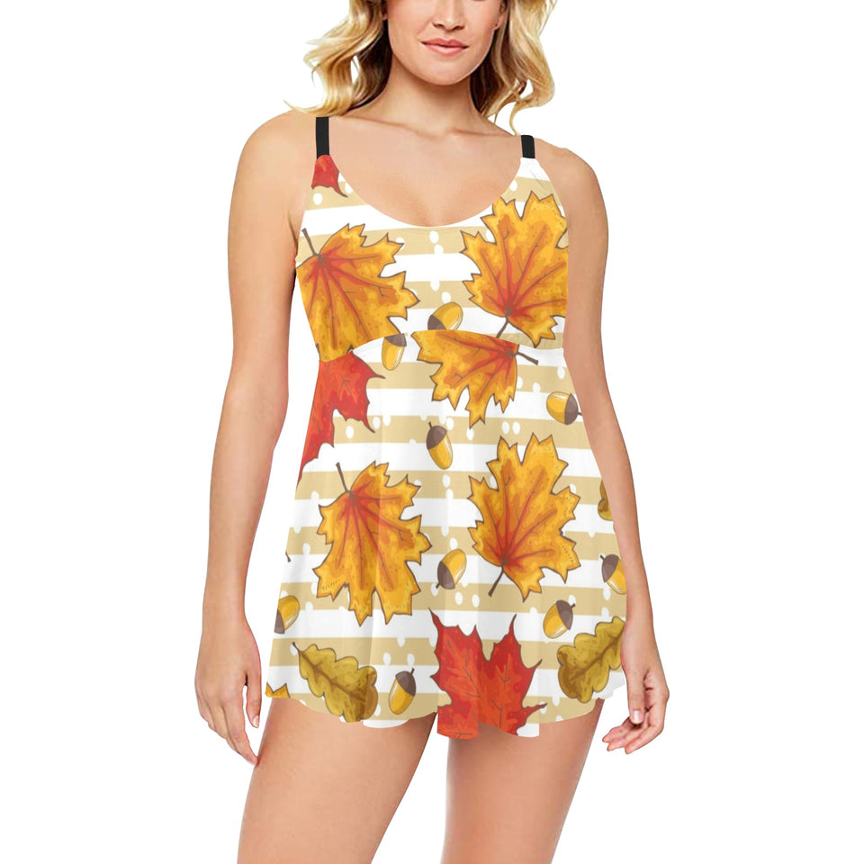 Maple leaf oak leaf acorns beige striped backgroun Chest Sexy Pleated Two Piece Swim Dress