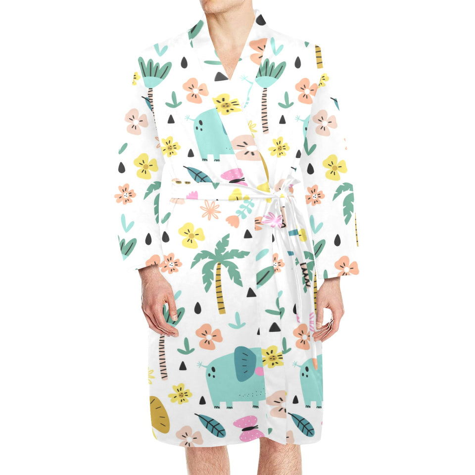 Cute elephants palm tree flower butterfly pattern Men's Long Sleeve Belted Night Robe