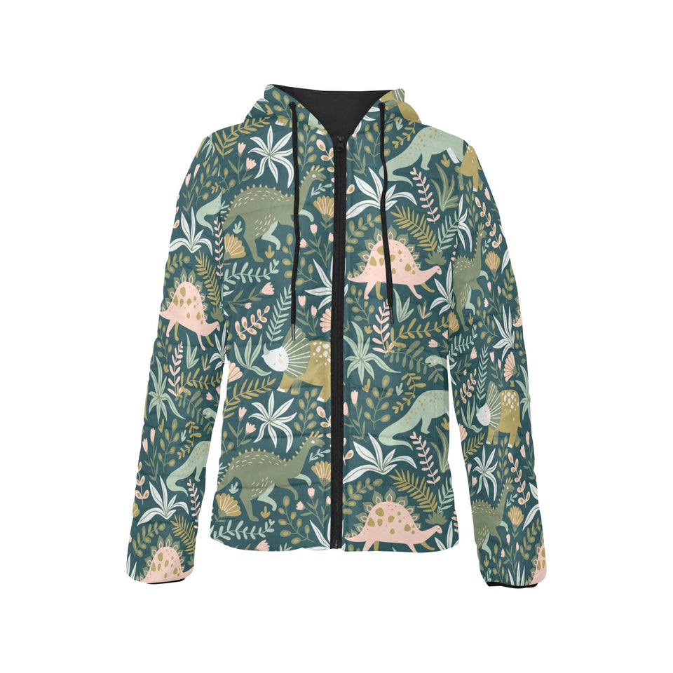 dinosaurs tropical leaves flower pattern Women's Padded Hooded Jacket
